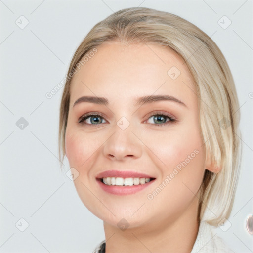 Joyful white young-adult female with medium  brown hair and blue eyes