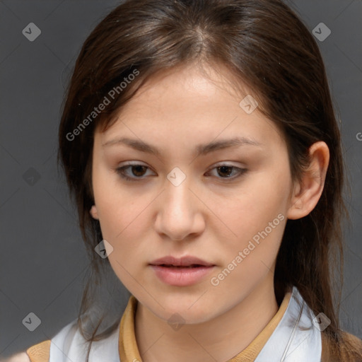 Neutral white young-adult female with medium  brown hair and brown eyes