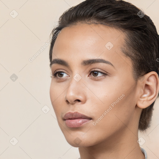 Neutral white young-adult female with short  brown hair and brown eyes