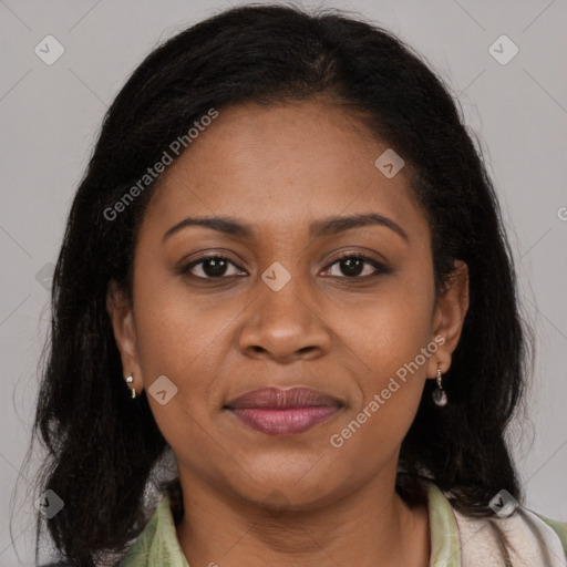 Joyful latino young-adult female with long  brown hair and brown eyes