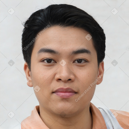 Neutral asian young-adult male with short  black hair and brown eyes