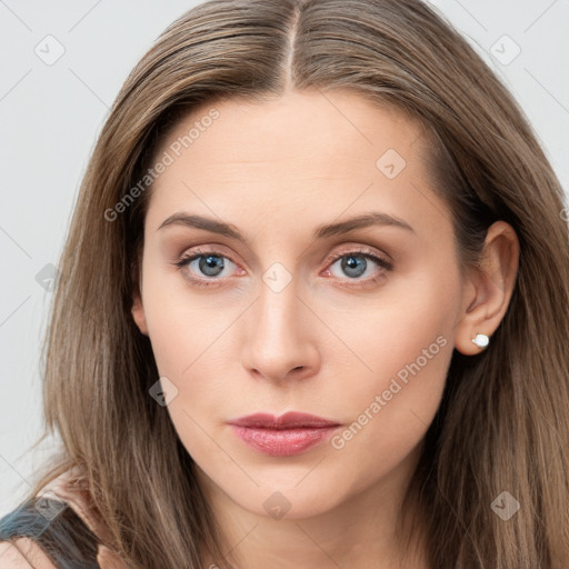 Neutral white young-adult female with long  brown hair and grey eyes