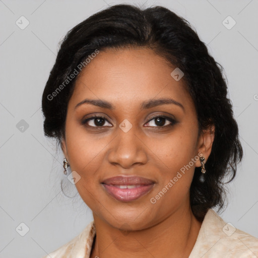 Joyful black young-adult female with medium  black hair and brown eyes