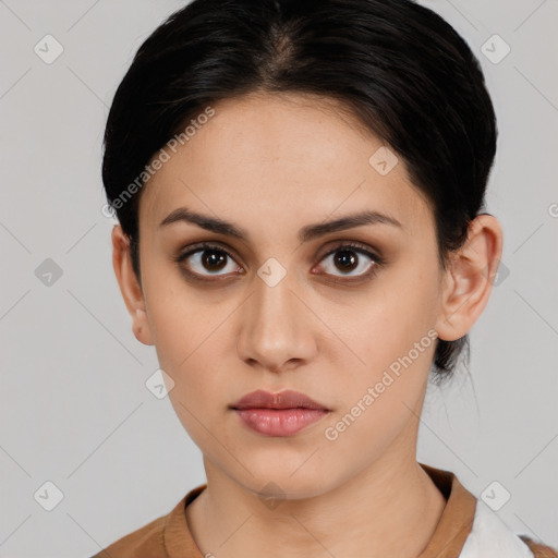 Neutral white young-adult female with medium  brown hair and brown eyes