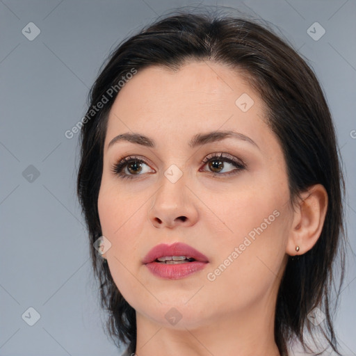 Neutral white young-adult female with medium  brown hair and brown eyes