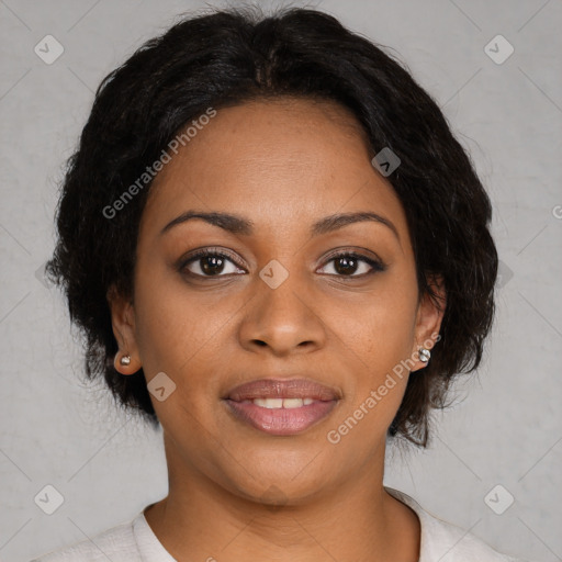 Joyful black young-adult female with medium  brown hair and brown eyes