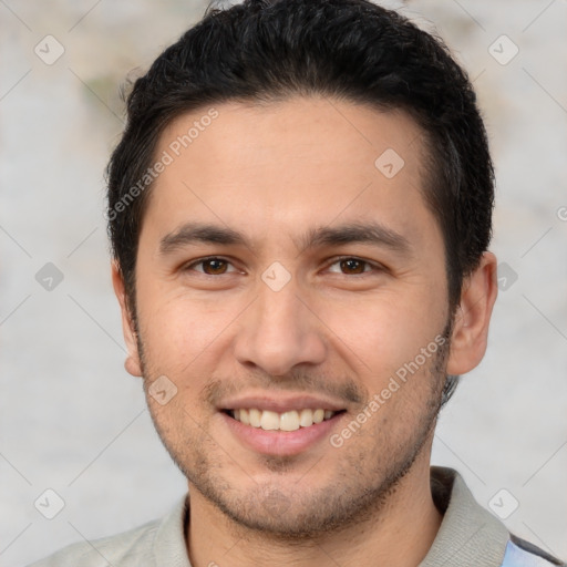 Joyful white young-adult male with short  black hair and brown eyes