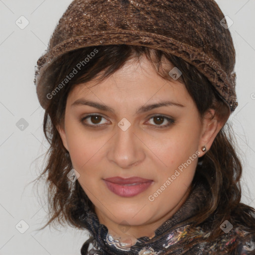 Joyful white young-adult female with medium  brown hair and brown eyes