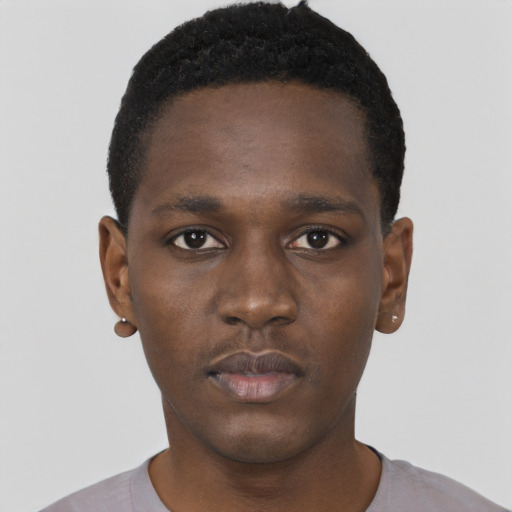 Neutral black young-adult male with short  black hair and brown eyes