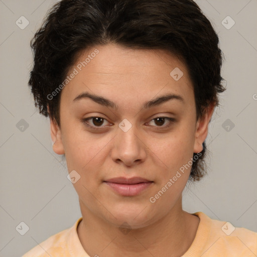 Joyful latino young-adult female with short  brown hair and brown eyes