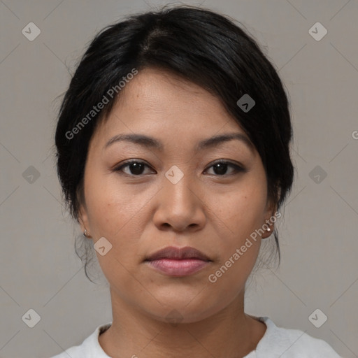 Joyful asian young-adult female with medium  black hair and brown eyes