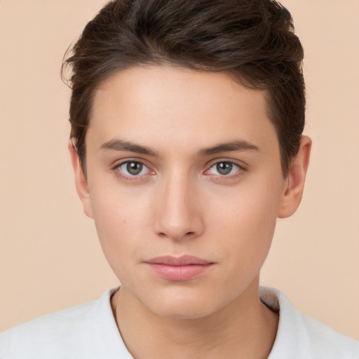 Neutral white young-adult female with short  brown hair and brown eyes