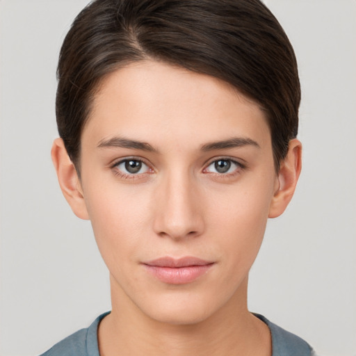 Neutral white young-adult female with short  brown hair and brown eyes