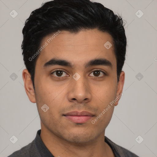 Neutral latino young-adult male with short  black hair and brown eyes