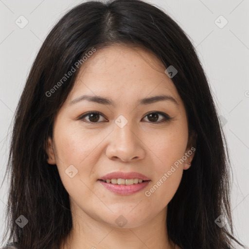 Joyful white young-adult female with long  brown hair and brown eyes