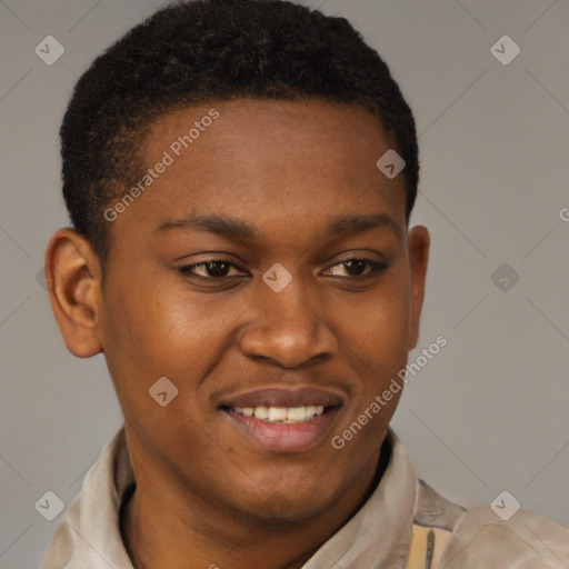 Joyful black young-adult male with short  brown hair and brown eyes