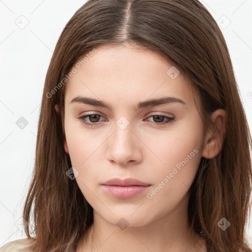 Neutral white young-adult female with long  brown hair and brown eyes