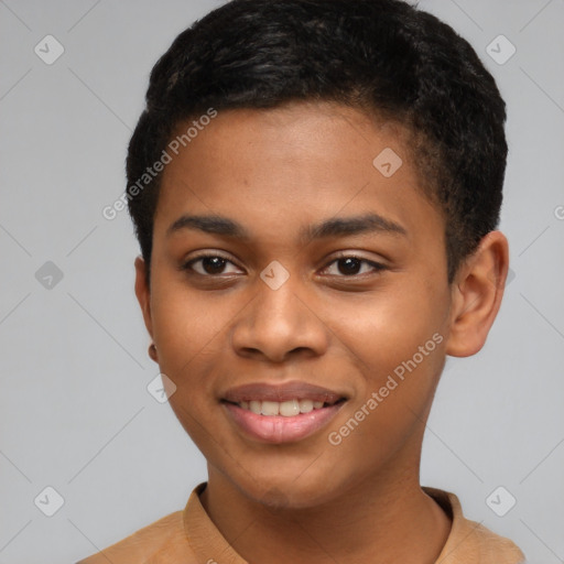 Joyful black young-adult male with short  brown hair and brown eyes