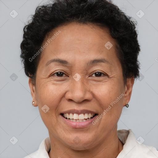 Joyful white adult female with short  brown hair and brown eyes