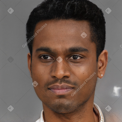 Neutral black young-adult male with short  black hair and brown eyes