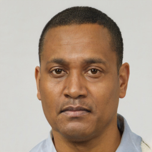Neutral black adult male with short  black hair and brown eyes
