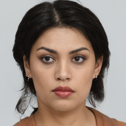 Neutral asian young-adult female with medium  black hair and brown eyes