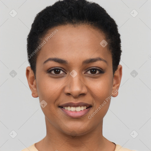 Joyful latino young-adult female with short  black hair and brown eyes