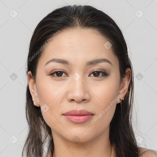 Joyful white young-adult female with long  brown hair and brown eyes