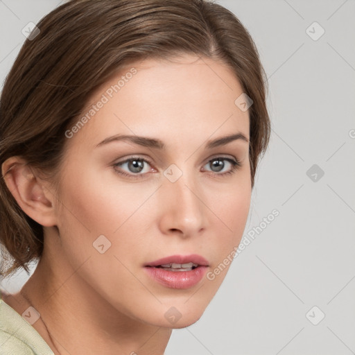 Neutral white young-adult female with medium  brown hair and grey eyes