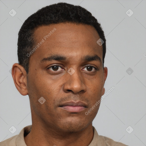 Neutral black young-adult male with short  black hair and brown eyes