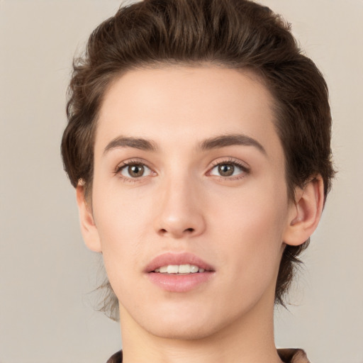 Neutral white young-adult female with short  brown hair and brown eyes