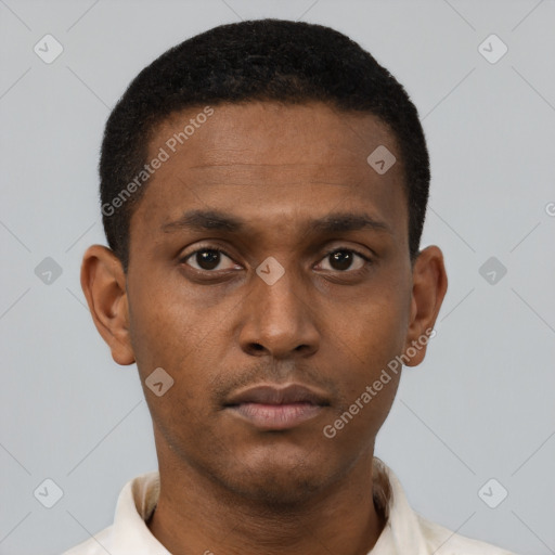 Neutral black young-adult male with short  black hair and brown eyes