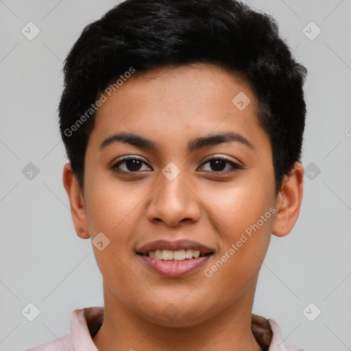 Joyful asian young-adult female with short  black hair and brown eyes