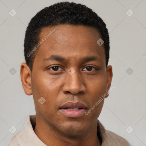 Neutral latino young-adult male with short  black hair and brown eyes