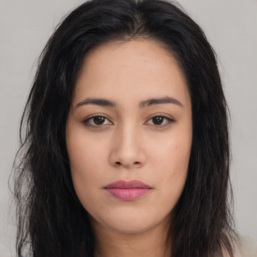 Neutral asian young-adult female with long  brown hair and brown eyes