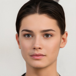 Neutral white young-adult female with short  brown hair and brown eyes