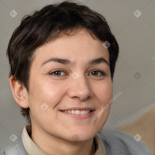 Joyful white young-adult female with short  brown hair and brown eyes