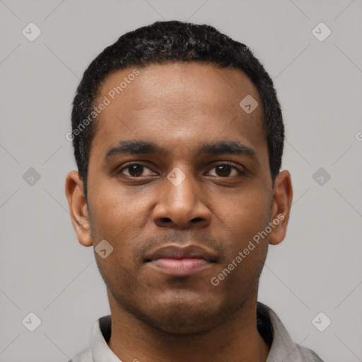Neutral latino young-adult male with short  black hair and brown eyes