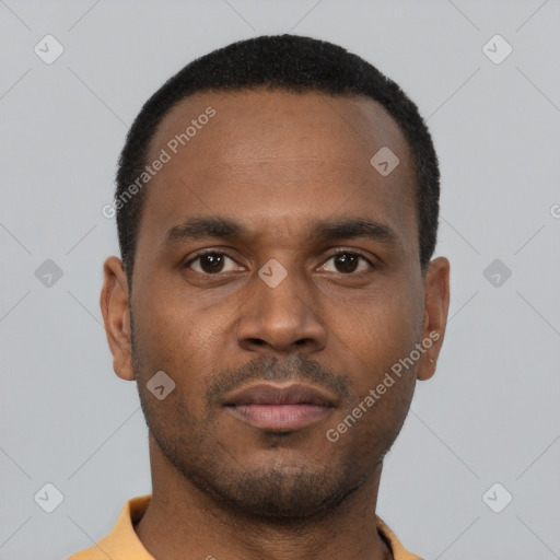 Neutral latino young-adult male with short  brown hair and brown eyes