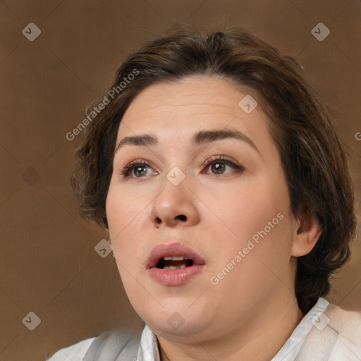 Neutral white young-adult female with medium  brown hair and brown eyes