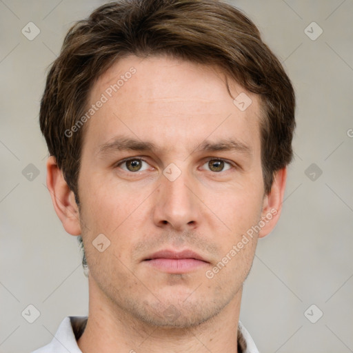 Neutral white adult male with short  brown hair and grey eyes