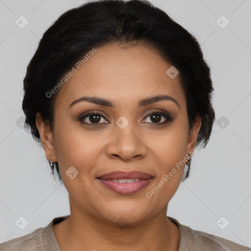 Joyful latino young-adult female with short  brown hair and brown eyes