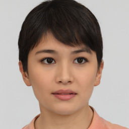 Neutral asian young-adult female with short  brown hair and brown eyes