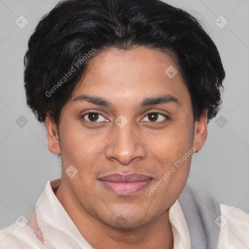 Joyful latino young-adult male with short  brown hair and brown eyes