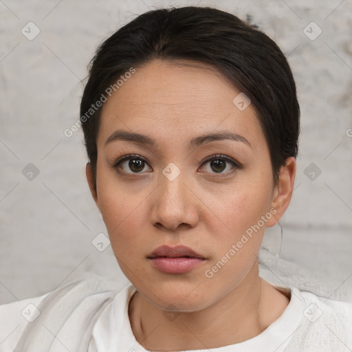 Neutral white young-adult female with short  brown hair and brown eyes