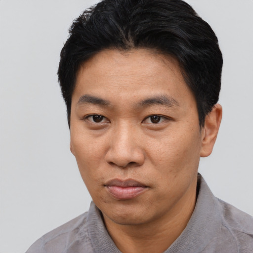 Neutral asian adult male with short  black hair and brown eyes