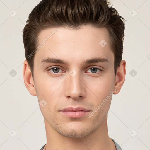 Neutral white young-adult male with short  brown hair and brown eyes