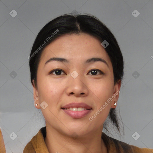 Joyful asian young-adult female with short  brown hair and brown eyes