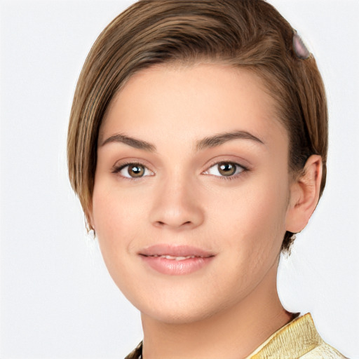 Neutral white young-adult female with short  brown hair and brown eyes