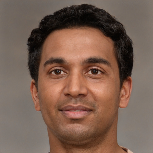Neutral white adult male with short  black hair and brown eyes